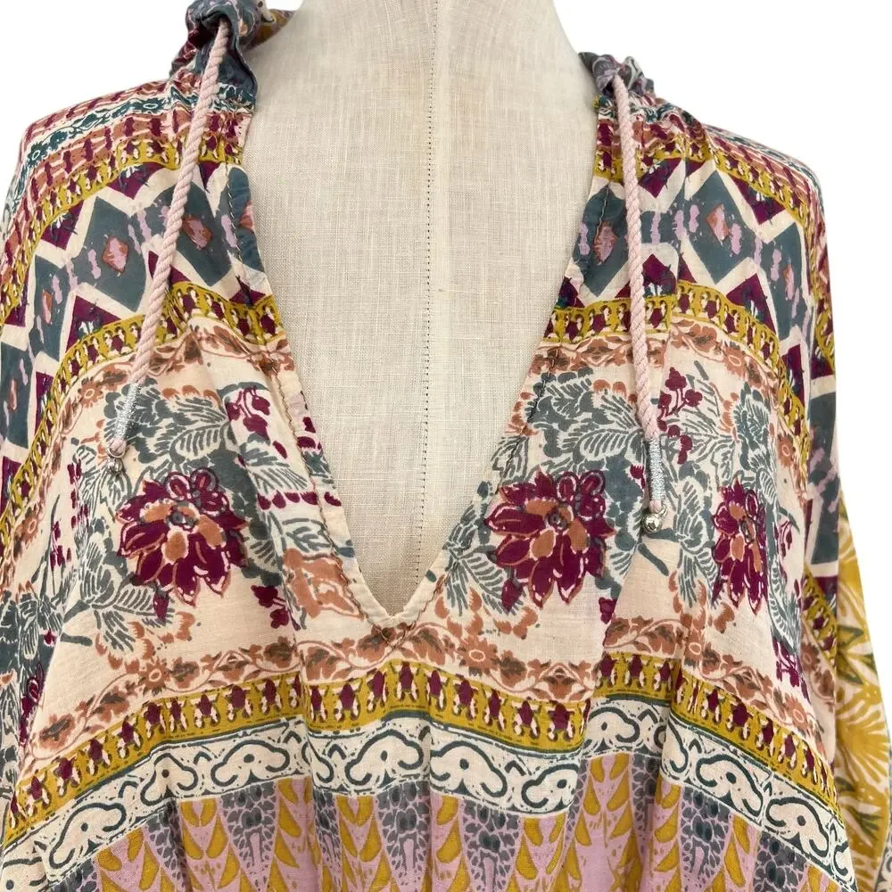 Free People Hold On Tight Gauze Pullover‎ Top Hooded Floral Paisley XS Small
